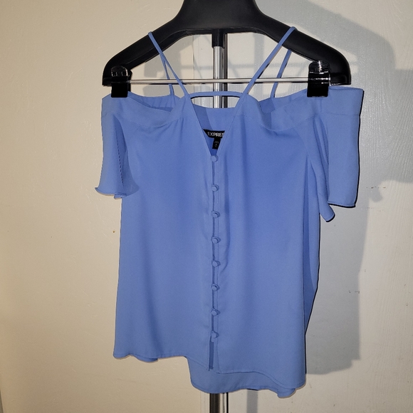 NEW Express Medium Pale Blue Button-up Blouse w/ Off-the-Shoulder Drape Sleeves - Picture 2 of 11